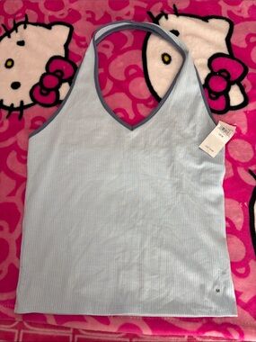 American Eagle Outfitters Pale Blue Ribbed V-Neck Tank with Gray Binding